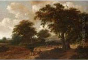 A Wooded Landscape With Travellers Resting With Their Dogs by Roelof van Vries