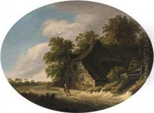 A Landscape With Travellers On A Path Passing A Farm by Roelof van Vries