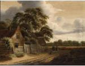 A Landscape With Figures And A Dog On A Path Near A Farm-stead