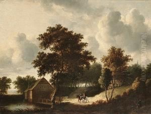 A Wooded River Landscape With Travellers On A Path Near A Watermill by Roelof van Vries