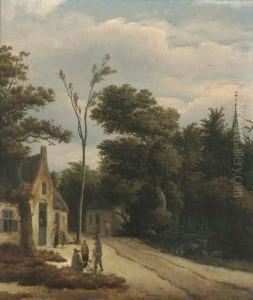 A Wooded Landscape With Villagers Conversing By A Track