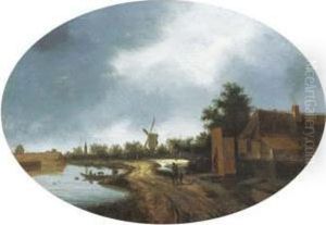 A River Landscape With Travellers On A Path, A Windmillbeyond by Roelof van Vries