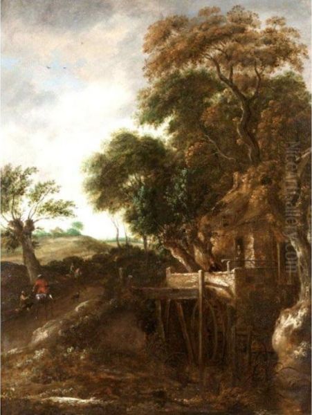 A Wooded River Landscape With A Mill And A Cavalier Giving Alms To A Beggar - view 1