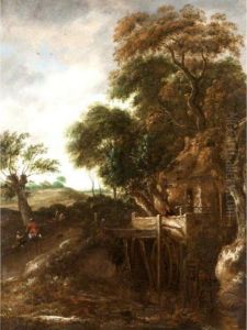 A Wooded River Landscape With A Mill And A Cavalier Giving Alms To A Beggar