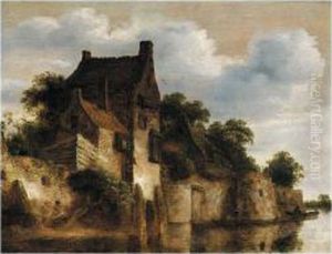 A River Landscape With Houses 
Above A Set Of Ramparts On The Edge Of The Water, Figures In A Boat 
Below