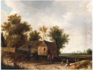 A Landscape With Figures Resting Before A Barn by Roelof van Vries