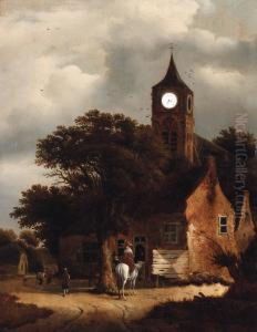 Travellers At An Inn On The Outskirts Of A Village, A Churchbeyond
