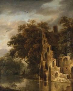 A Wooded River Landscape With A Ruin, Anglers On A Bankbeyond