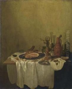 Still Life With Ham, Glass And Vessels On A Table. by Gerrit Van Vucht