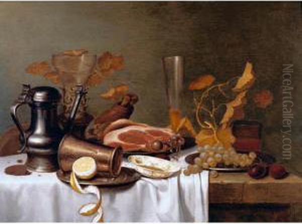 Still Life With A Haunch Of Ham,
A Lemon And Grapes On Pewter Plates, Together With A Roemer, A Pewter
Jug, Plums And Glasses - view 1