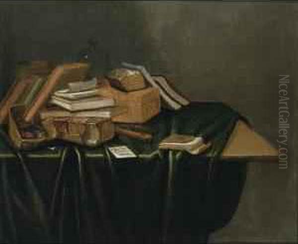 A Still Life With Books, A Wooden Box , A Stove, A Pipe And A Flute, All On A Wooden Table Draped With A Green Cloth by Gerrit Van Vucht