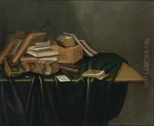 A Still Life With Books, A
Wooden Box , A Stove, A Pipe And A Flute, All On A Wooden Table Draped
With A Green Cloth by Gerrit Van Vucht