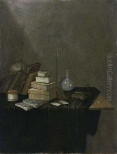 A Still Life With Books, A Globe
And Glass Flasks Together With A Pipe, All On A Draped Table by Gerrit Van Vucht