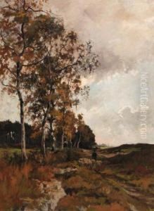 A Shepherd And His Flock Returning Home Along A Birchroad by Jan Hillebrand Wijsmuller