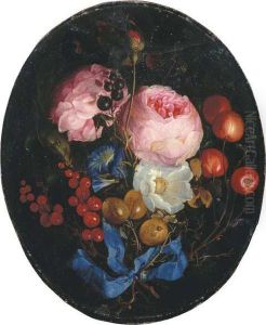 A Swag Of Pink Roses, 
Gooseberries, Cherries And Other Berries Witha Bow Hanging From A Nail
