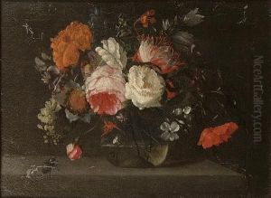 A Rose, A Poppy, Delphiniums And
 Other Flowers In A Glass Vase On A Stone Ledge With A Butterfly And A 
Beetle