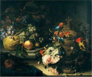 A Still Life Of Fruit On A Ledge And Flowers Decorating An Urn