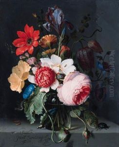 A Paeony, An Iris, A Poppy,
Anemones, Morning Glory And Otherflowers In A Glass Vase With A Beetle
On A Stone Shelf by Jacob van Walscapelle