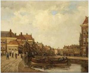 A View Of A Dutch Town With Boats by Kees Van Waning