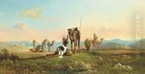 An Arab Caravan Resting At An Oasis by Charles Van Wijk