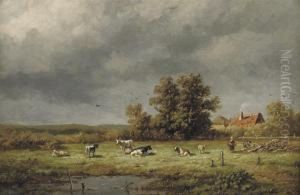 Cows In A Sunlit Meadow by Anthonie Jacobus Van Wyngaerts