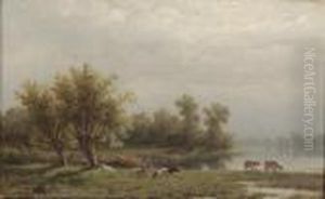 Cattle By A River by Anthonie Jacobus Van Wyngaerts