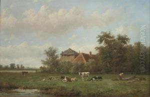 Cattle Grazing With A Farmstead Beyond