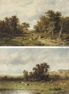 Taking A Rest Along The Sandy Path; And Cattle Resting Near Apond by Anthonie Jacobus Van Wyngaerts