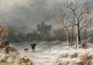 A Villager And His Dog In A Winter Landscape by Anthonie Jacobus Van Wyngaerts