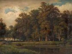 Wooded River Scene,figure And Cow In The Middle Ground by Anthonie Jacobus Van Wyngaerts