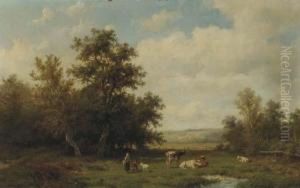 Figures And Cattle In A Sunlit Meadow by Anthonie Jacobus Van Wyngaerts