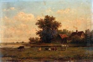 A Peasant Couple Resting In A Sunlit Meadow; Cattle Near Afarm