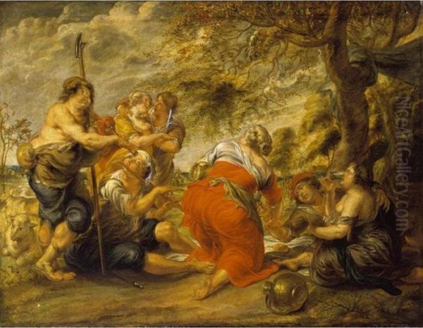 A Pastoral Landscape With
Shepherds Drinking And Eating Under A Tree, Together With A Bagpipe
Player And A Lute Player, A Flock Of Sheep Nearby - view 1