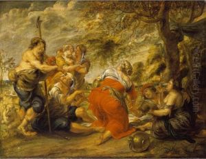 A Pastoral Landscape With
Shepherds Drinking And Eating Under A Tree, Together With A Bagpipe
Player And A Lute Player, A Flock Of Sheep Nearby by Jan Thomas Van Yperen