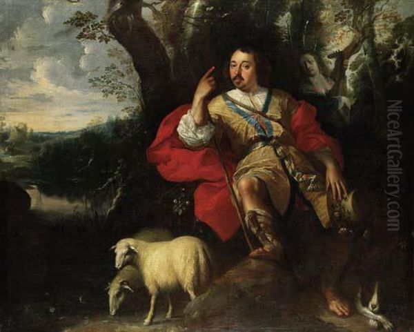 Pastoral Portrait Of A Gentleman
 As A Shepherd, With A Young Womanplaying A Lute, A Dog And Sheep, In A 
Landscape - view 1