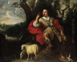 Pastoral Portrait Of A Gentleman
As A Shepherd, With A Young Womanplaying A Lute, A Dog And Sheep, In A
Landscape by Jan Thomas Van Yperen
