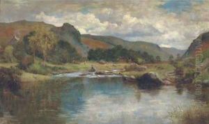 An extensive river landscape by William Banks Fortescue