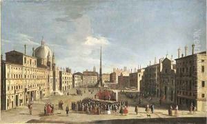 The Piazza Navona, Rome, from the South, with a crowd watching a performance of the commedia dell'arte by Jacopo Fabris