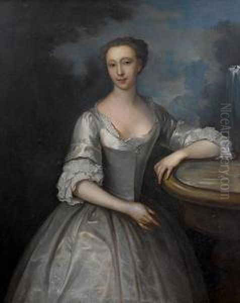 Portrait Of A Lady, Said To Be
Lady Annepalliser, Three-quarter-length, In A White Satin Dress,
Standingbeside A Stone Fountain - view 1