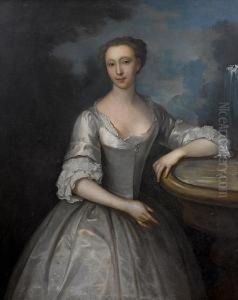 Portrait Of A Lady, Said To Be 
Lady Annepalliser, Three-quarter-length, In A White Satin Dress, 
Standingbeside A Stone Fountain