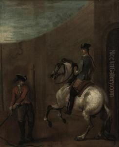 A Gentleman On A Grey Charger Being Schooled In An Arena by John Vanderbank