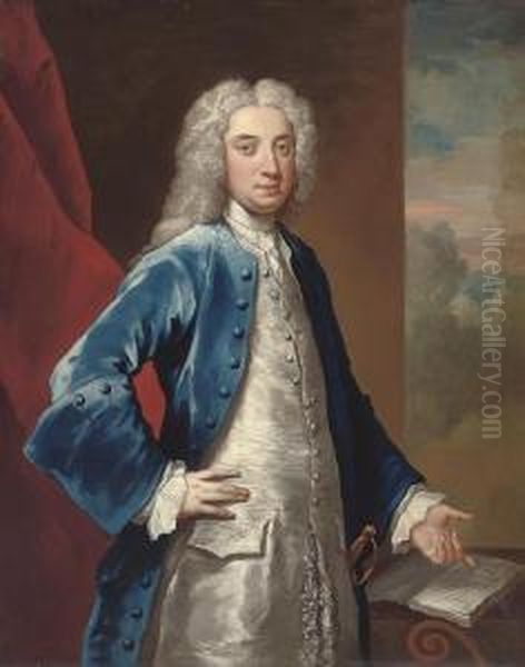 Portrait Of A Gentleman,
Three-quarter-length, In A Blue Coat Andoyster Satin Waistcoat, Pointing
At A Manuscript Of Dryden's Playall For Love', 1678, A Landscape Beyond - view 1