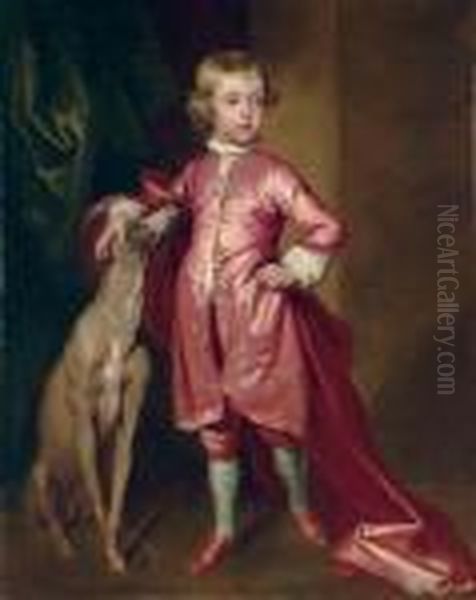 Portrait Of A Boy, Full-length, In Pink, With A Greyhound, In An Interior - view 1