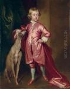 Portrait Of A Boy, Full-length, In Pink, With A Greyhound, In An Interior