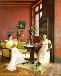 Two Women Reading in an Interior by Jean Georges Ferry