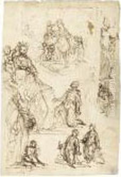 Sheet Of Studies With The Coronation Of The Virgin And Varioussaints by Francesco Vanni