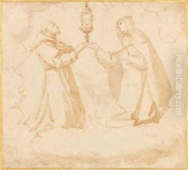 Saint Francois Et Sainte Claire Presentantle Saint-sacrement Plume Et Encre Brune - view 1