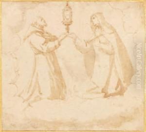 Saint Francois Et Sainte Claire Presentantle Saint-sacrement Plume Et Encre Brune