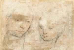 Two Female Heads With Eyes Looking Down