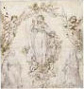 The Madonna As Protectress Of
Siena With The Patron Saints Of The City, Bernardino And Catherine,
Surrounded By Angels by Francesco Vanni